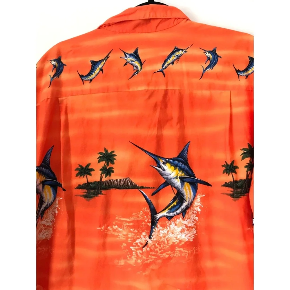 Vintage KY'S Hawaiian Button Up Shirt Mens 2XL Orange Marlin Fish Aloha Tiki USA